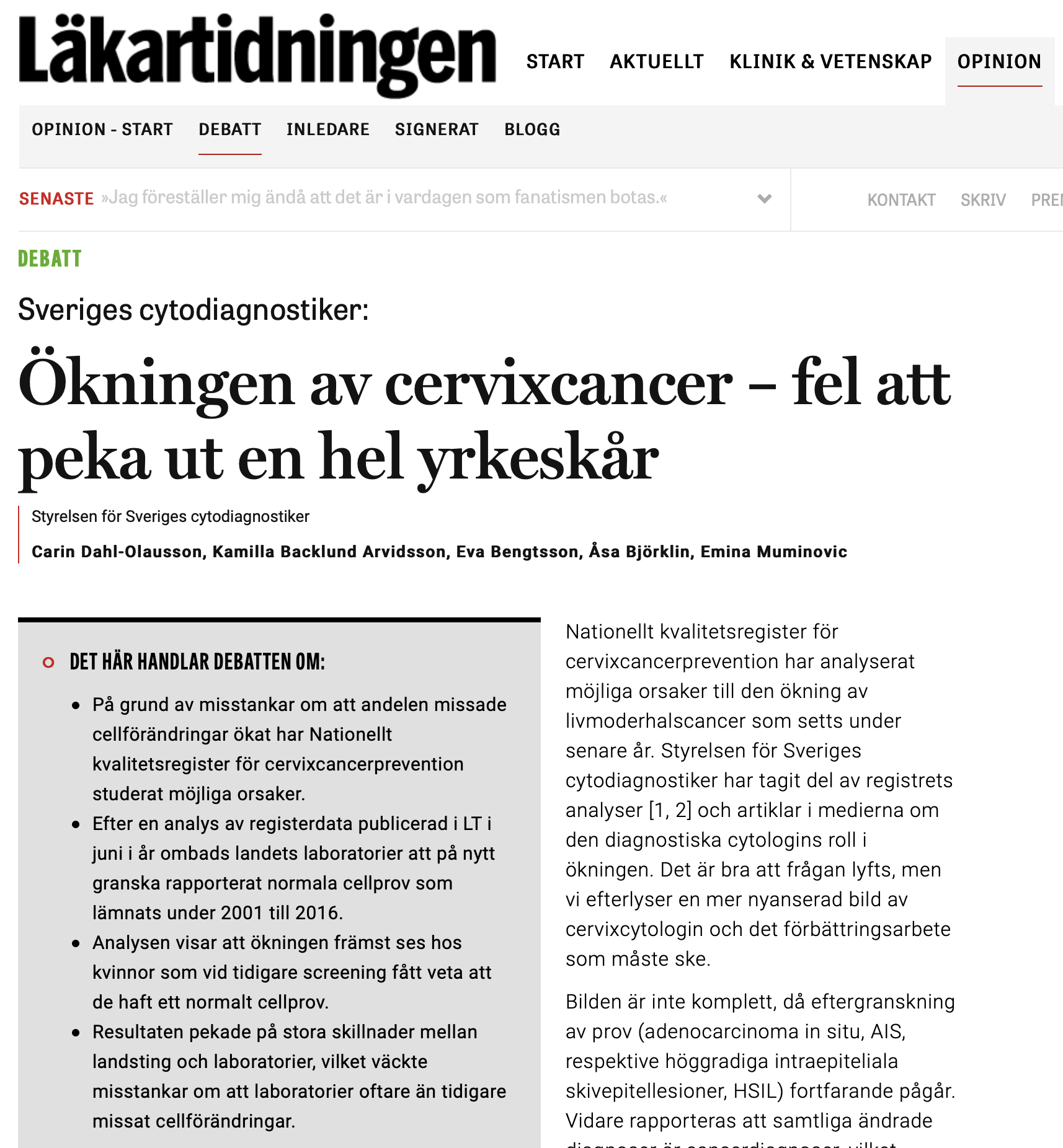 Sveriges Cytodiagnostiker Debattartikel I Läkartidningen